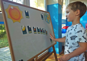 Chłopiec układa karty planety na tablicy