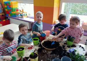 Dzieci sadzą i sieja kwiaty