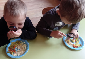 Przedszkolaki obserwują makarony przez lupę