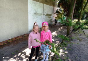 Dziewczynki stoją przy drzewie.