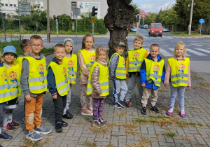 Chłopcy i dziewczynki w kamizelkach odblaskowych pozują do zdjęcia