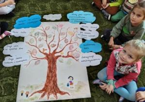 Dzieci prezentują plakat o drzewie