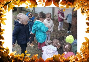 Przedszkolaki szukają oznak jesieni w ogrodzie