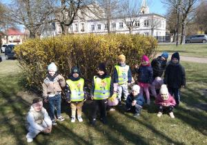 Dzieci pozują przy krzewach forsycji