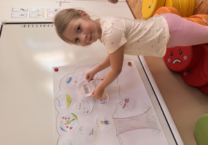 Dziewczynka przykleja na szablon drzewa narysowanych przędz nią talent