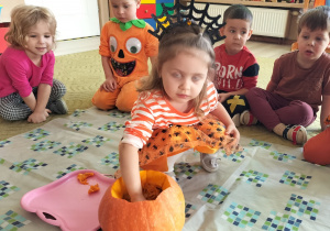 Dziewczynka wyciąga pestki z dyni