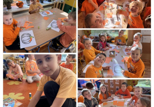 Dzieci wyklejają dynię kolorowymi karteczkami