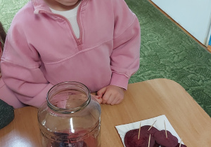 Dziewczynka wkłada plaster buraka do słoika