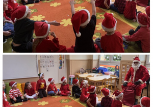 Dzieci siedzą w kole z Mikołajem