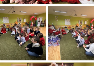 Dzieci wspólnie pozują do zdjęcia z Mikołajem. Dzieci czekają na prezenty