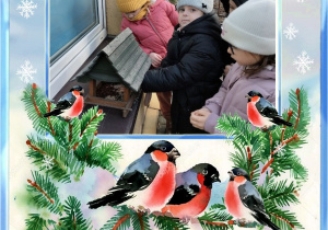 Dzieci wsypują ziarna do karmnika dla ptaków