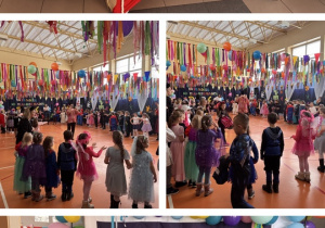 Dzieci pozują do grupowego zdjęcia i tańczą