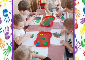 Dzieci malują na kartce palcami zanurzonymi w kolorowych farbach