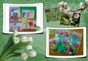 Zdjęcie przedstawiające rysunki dzieci i wiosenne upominki