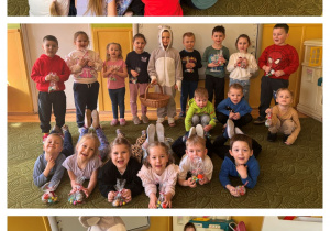 Dziewczynka w przebraniu zajączka rozdaje czekoladki