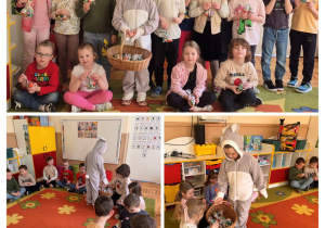 Dziewczynka w przebraniu zajączka rozdaje czekoladki