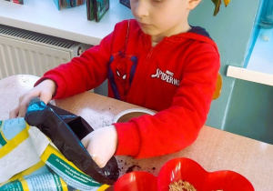 Chłopiec nasypuje ziemię do pojemnika