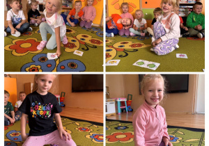 Dzieci bawią się na dywanie dobierając ilustracje z kropkami w pary