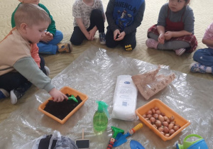 Dzieci sadzą cebulki w doniczce