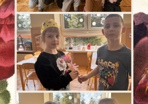 Chłopcy pozują do zdjęcia i wręczają dziewczynkom ręcznie wykonane róże z mydła