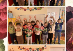 Chłopcy pozują do zdjęcia z balonowymi kwiatami