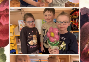 Chłopcy wręczają dziewczynkom balonowe kwiaty