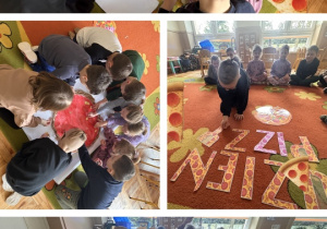 Dzieci układają napis i wykonują pracę plastyczną - nasza pizza